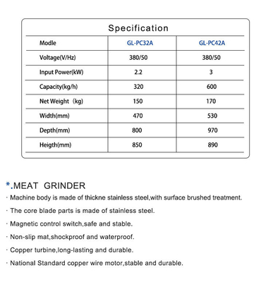 중량 320kg/h 상업용 고기 밀러 2200W 전력 및 구리 터빈 체인 드라이브