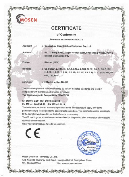 중국 Guangzhou Glead Kitchen Equipment Co., Ltd. 인증